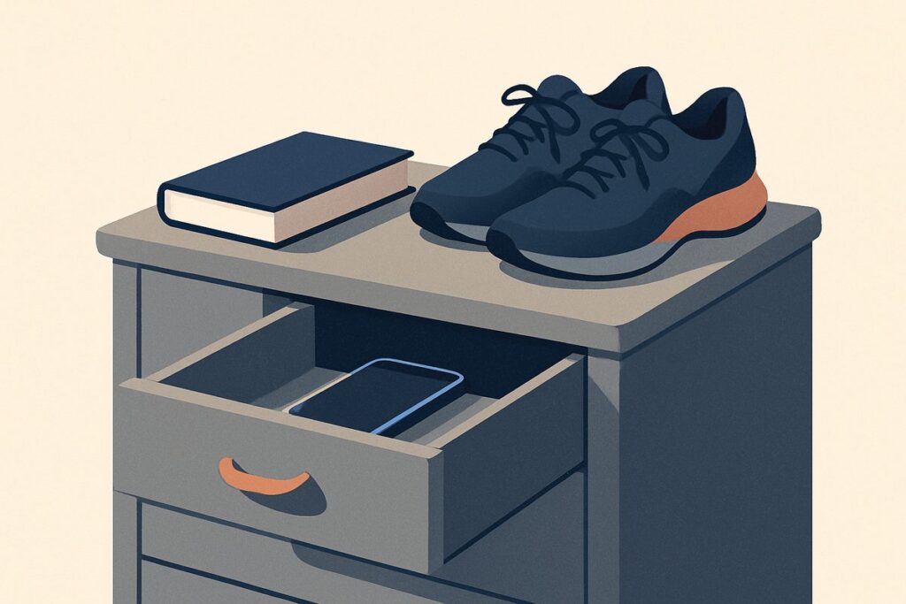 How to Do a Digital Detox That Actually Holds 1 A phone in a drawer, a book and a pair of walking shoes beside it