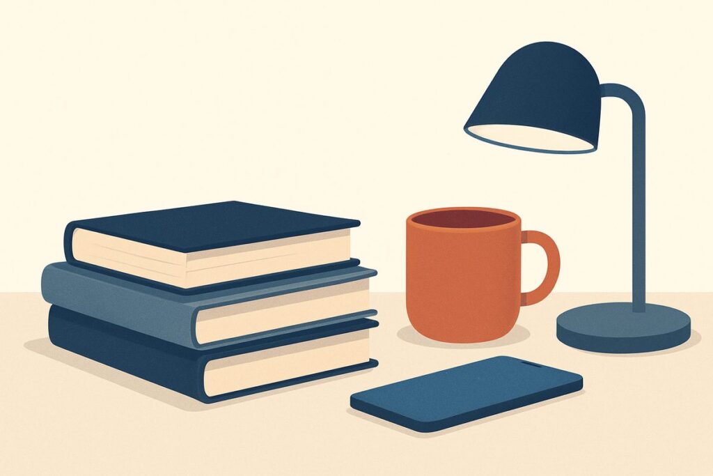 Guides 1 A stack of closed books beside a mug and a reading lamp on a desk