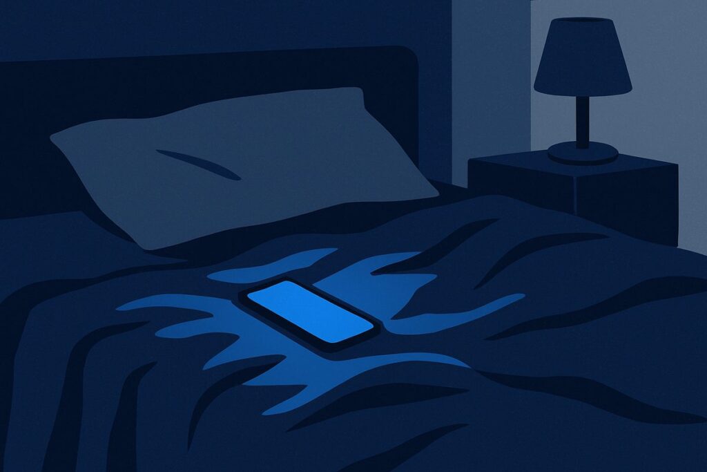 How to Stop Doomscrolling 1 A phone on a rumpled bed in a dark room, the only light source
