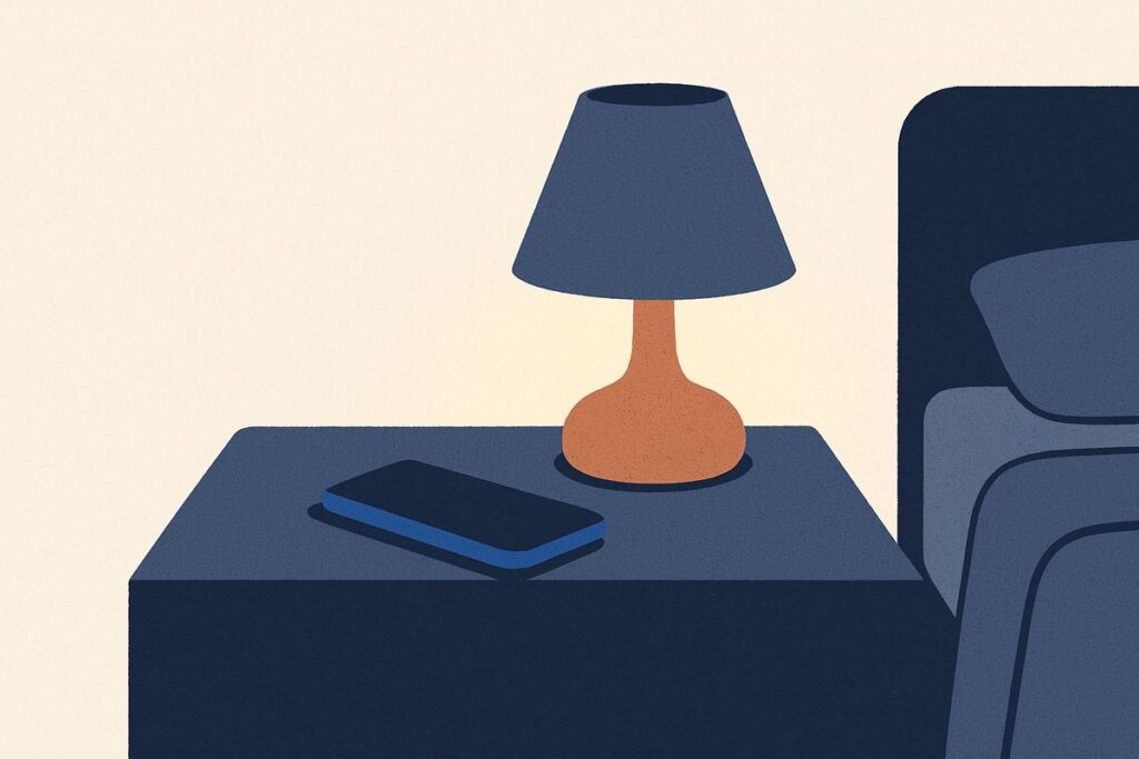A phone face down on a bedside table beside a lamp left on