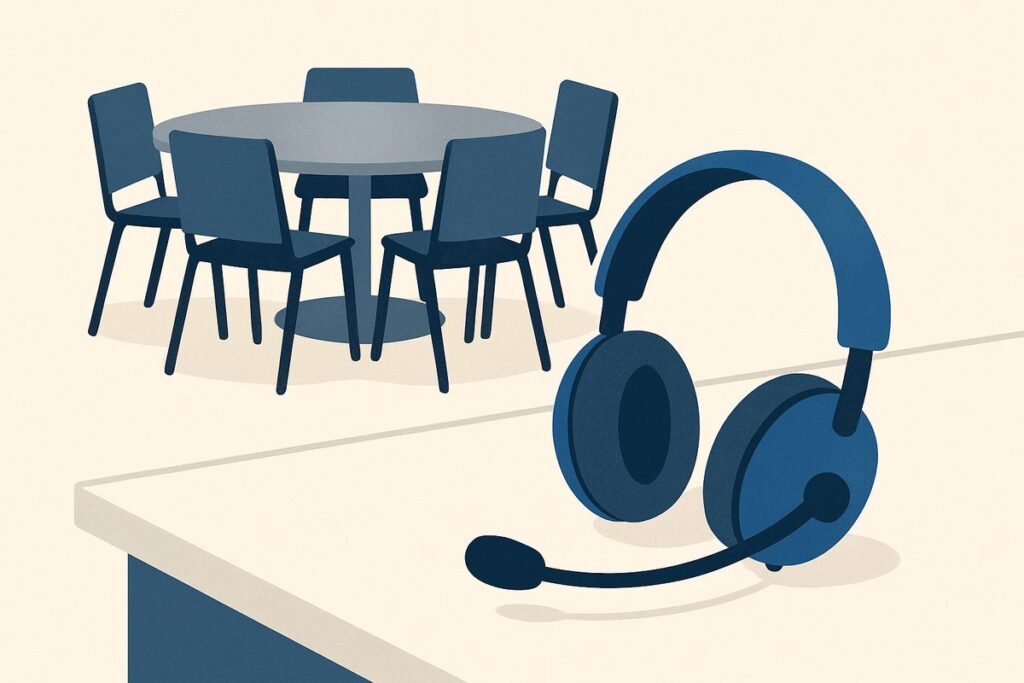 Is Discord Safe for Kids? 1 A headset resting on a desk, several empty chairs around a table behind it