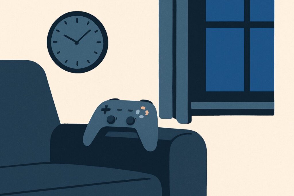 A game controller on a sofa arm beside a window showing late evening light
