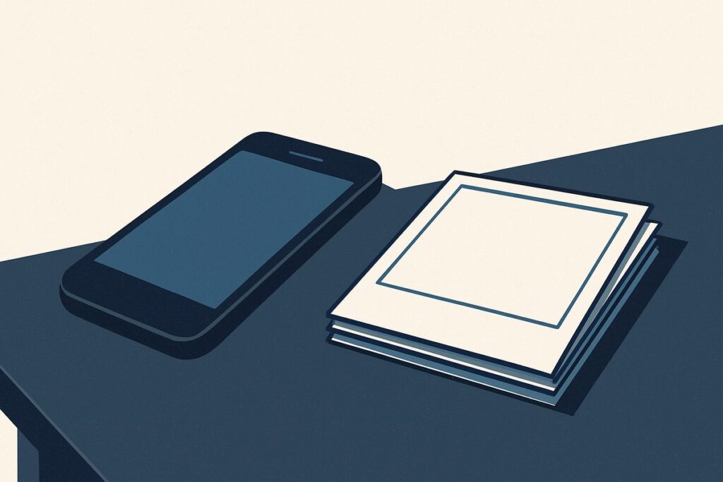 Is Instagram Safe for Kids 1 A phone on a table beside a stack of printed photographs, the top one blank