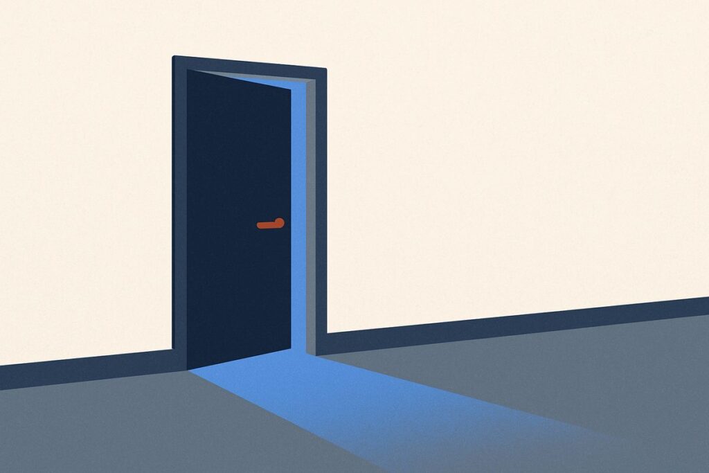 Roblox Condo Games and What to Do if You Find One 1 A plain door standing ajar in an otherwise blank wall, light spilling from behind it
