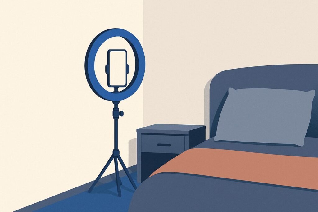 Is TikTok Safe for Kids 1 A phone on a tripod ring light stand in an empty bedroom corner